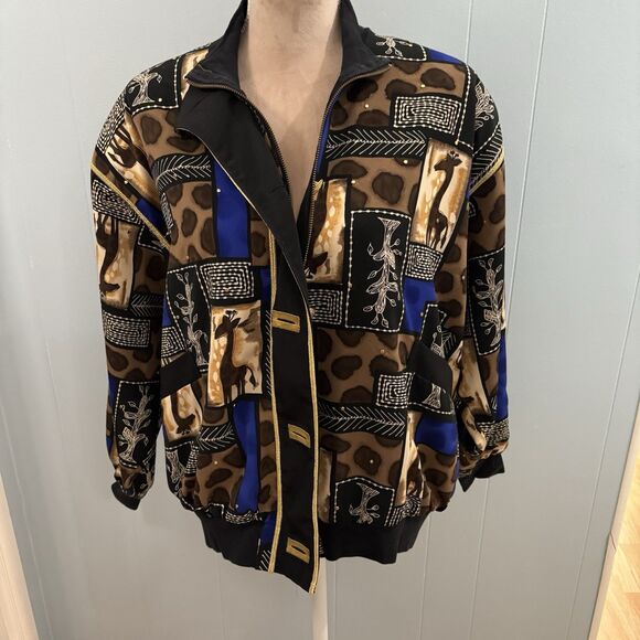Vital Elements Black Gold Button Abstract Bomber Jacket 90s Retro Medium Giraffe - Picture 9 of 16